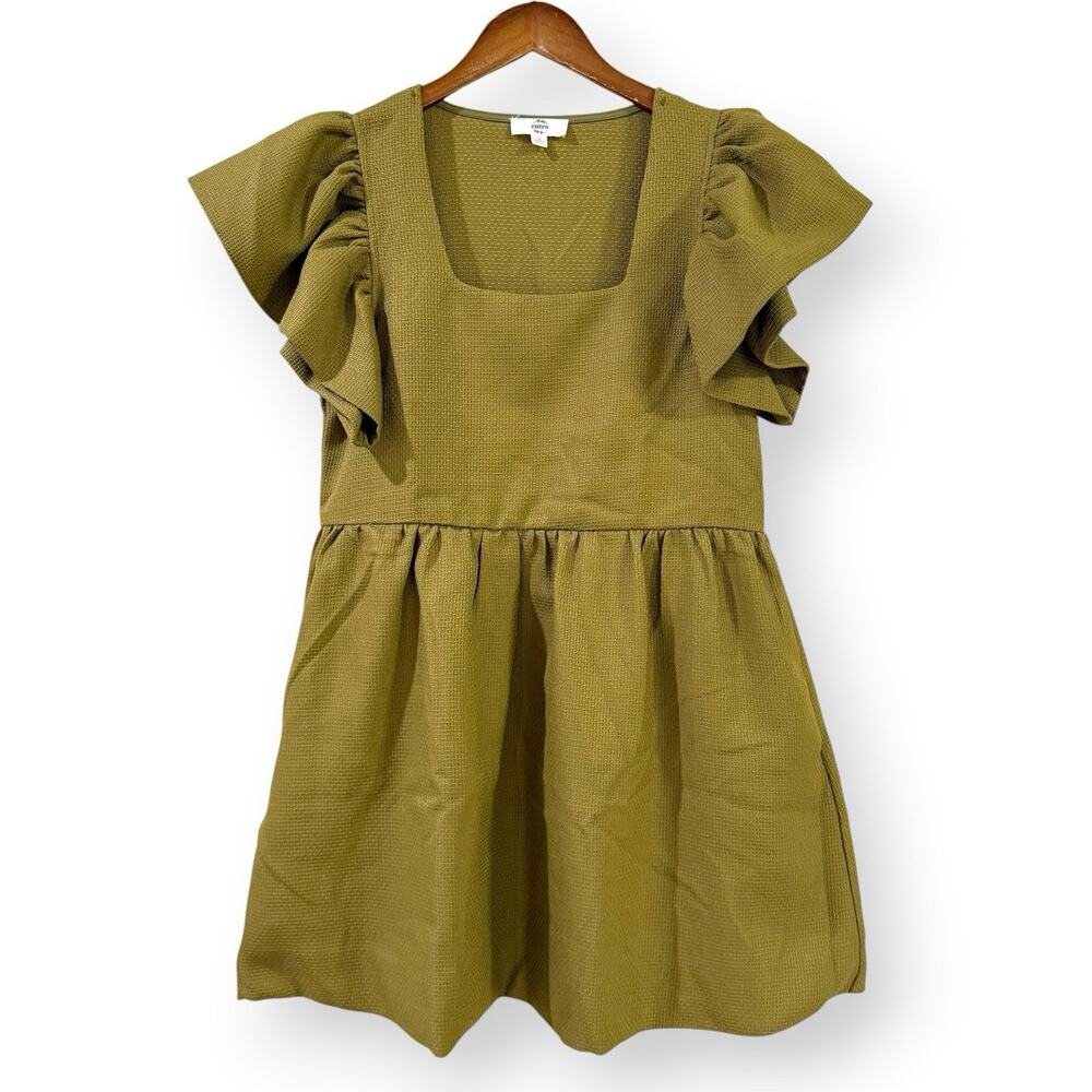 Entro Textured Mini Dress Small Olive Green Square Neck Flutter Sleeve Boho